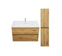 Pack meuble de salle de bain simple vasque Joline 100 cm chêne + colonne