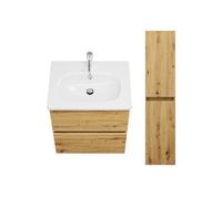 Pack meuble de salle de bain simple vasque Joline 60 cm chêne + colonne