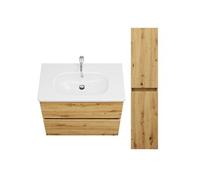 Pack meuble de salle de bain simple vasque Joline 80 cm chêne + colonne