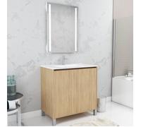 Pack Meuble Salle de Bains 80cm Chêne Clair 2 Portes, Vasque, Miroir 60x80 à Leds intégrées - XENOS
