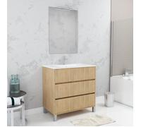Pack Meuble Salle de Bains 80cm Chêne Clair 3 Tiroirs, Vasque, Miroir 60x80 et réglette Led - XENOS