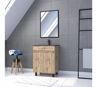 Pack Meuble SDB 60cm sur pieds 2 portes Chene_Vasque noire + Miroir - TIMBER 60_Pack01