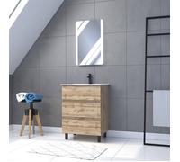Pack Meuble SDB 60cm sur pieds 3 tiroirs Chene_Vasque blanche + Miroir Led - TIMBER 60_Pack16