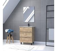 Pack Meuble SDB 60cm sur pieds 3 tiroirs Chene_Vasque blanche + Miroir Led - TIMBER 60_Pack41