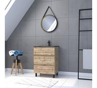 Pack Meuble SDB 60cm sur pieds 3 tiroirs Chene_Vasque noire + Miroir Barber - TIMBER 60 - Pack40