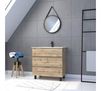 Pack Meuble SDB 80cm sur pieds 3 tiroirs Chene_Vasque blanche + Miroir Barber - TIMBER 80_Pack48