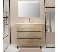 Pack Meuble SDB 80cm sur pieds 3 tiroirs Chene_Vasque blanche + Miroir Led - TIMBER 80_Pack46