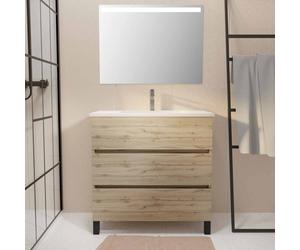 Pack Meuble SDB 80cm sur pieds 3 tiroirs Chene_Vasque blanche + Miroir Led - TIMBER 80_Pack46