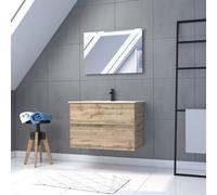 Pack Meuble SDB 80cm suspendu 2 tiroirs Chene_Vasque blanche + Miroir Led - TIMBER 80_Pack36