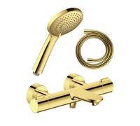 Pack mitigeur bain douche thermostatique DURAVIT Wave + pommeau Universal 3 jets avec curseur + flexible 160 cm doré poli