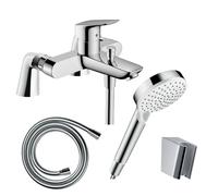 Pack mitigeur bain mécanique HANSGROHE Logis + Pommeau Crometta EcoSmart + Flexible Isiflex + Support et colonnettes Chromé