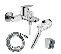 Pack mitigeur bain mécanique mural HANSGROHE Logis + Pommeau Crometta EcoSmart + Flexible Isiflex + Support Chromé