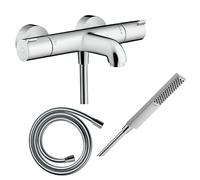 Pack mitigeur bain thermostatique HANSGROHE Ecostat 1001 lexible Isiflex + Pommeau HANSGROHE Pulsify E 100 EcoSmart chromé
