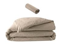 Pack Parure de Lit Percale Unie 78 Fils - Sable - 240 x 220 cm + Drap-Housse 140 x 190 cm