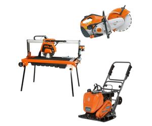 Pack paysagiste scie sur table GS350 GOLZ + découpeuse STIHL TS410 + Plaque vibrante LF 75 LAT HUSQVARNA