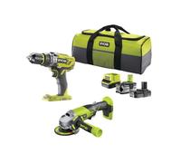 RYOBI Kit perceuse à percussion / pilote 18V - Meuleuse d'angle 18V OnePlus - 1 batterie 18V 2.0 Ah - 1 batterie 18V 4.0 Ah - 1 R