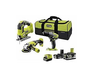 Pack RYOBI 18V One+ - Perceuse-visseuse - Meuleuse - Scie sauteuse pendulaire - 2 batteries - 1 chargeur rapide R18CK3C-252S