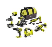 Pack RYOBI 5 outils : perceuse-visseuse R18PD3-0, scie sauteuse R18JS-0, scie circulaire R18CSP-0, meuleuse R18AG-0, multitool R18MT3-0, 2 batteries et chargeur.