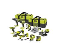 Pack RYOBI Combo 9 outils : perceuse-visseuse, visseuse à chocs, scie sauteuse, scie circulaire, meuleuse, ponceuse, outil multifonction, pistolet à colle, lampe LED, 2 batteries et chargeur.