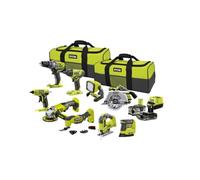 Pack RYOBI Combo 9 outils : perceuse-visseuse, visseuse à chocs, scie sauteuse, scie circulaire, meuleuse, ponceuse, outil multifonction, pistolet à colle, lampe LED, 2 batteries et chargeur.