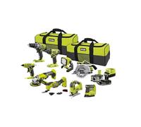 Pack RYOBI Combo 9 outils : perceuse-visseuse, visseuse à chocs, scie sauteuse, scie circulaire, meuleuse, ponceuse, outil multifonction, pistolet à colle, lampe LED, 2 batteries et chargeur.
