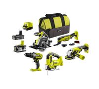 Ryobi Pack 5 outils R18CK5A – perceuse, scies, meuleuse, multitool + 2 batteries et chargeur
