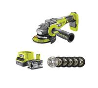 Pack RYOBI meuleuse d'angle brushless 18V One+ - 1 batterie 18V 4.0Ah - 1 chargeur rapide - Kit 6 disques 125 mm