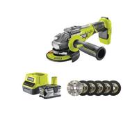 Pack RYOBI meuleuse d'angle brushless 18V One+ - 1 batterie 18V 4.0Ah - 1 chargeur rapide - Kit 6 disques 125 mm