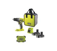 Pack RYOBI Perceuse Visseuse R18DD2-220S 18V One Plus avec 2 batteries 2,0Ah, chargeur rapide et coffret antichocs contenant 31 accessoires de vissage mixtes pour tous vos projets.