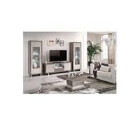 AUXANE - Pack Salon Meuble TV Led + Table Basse + 2 Vitrines Led Gris Metallisé et Mat