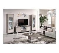 AUXANE - Pack Salon Meuble TV Led + Table Basse + 2 Vitrines Led Gris Metallisé et Mat