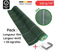 Pack Toile de paillage Grande Largeur avec agrafes Largeur 4,15m Longueur 15m anti mauvaises herbes Vert 130gr m2 ZENLYS Large 4m