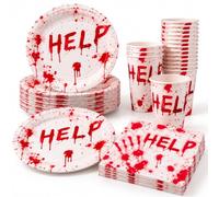 Pack Vaisselle Jetable Halloween HELP - 60 Serviettes Papier 19 cm, 30 Assiettes Carton 22 cm, 30 Gobelets Carton 25 cl, Rouge et Blanc, 120 Pièces