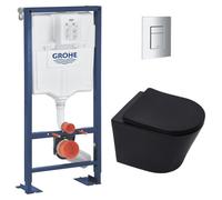 Pack WC Bâti Solido + WC sans bride SAT Noir mat + Abattant frein de chute + Plaque chrome (AUTOPORTANT-BLACKINFINITIO-1)