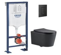 Pack WC Bâti Solido + WC sans bride SAT Noir mat + Abattant frein de chute + Plaque noir mat (AUTOPORTANT-BLACKSAT-KF0)