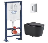 Pack WC Bâti Solido + WC sans bride SAT Noir mat + Plaque chrome (AUTOPORTANT-BLACKSAT-1)