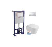 Pack WC Bâti-support autoportant, WC sans bride Lucco Avva, Abattant softclose, Plaque Chrome