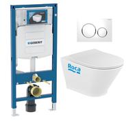 Pack WC Bati-support Geberit avec Cuvette Roca The Gap fixations invisibles + Abattant + Plaque blanc chrome (GebGapRimless-C)