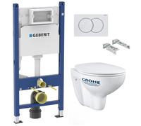 Pack WC Bati-support Geberit Duofix + Cuvette suspendue Grohe Bau Ceramic + Abattant declipsable + Plaque blanche (BauClassicGeb