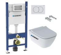 Pack WC Bati-support Geberit Duofix + WC sans bride Geberit Smyle + Abattant softclose + Plaque blanche (SmyleGeb3-SP)