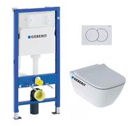 Pack WC Bati-support Geberit Duofix + WC sans bride Geberit Smyle + Abattant softclose + Plaque blanche (SmyleGeb1)
