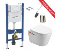 Pack WC Bati-support Geberit Duofix + WC sans bride SAT + Abattant softclose + Plaque blanche + Brosse de toilette OFFERTE