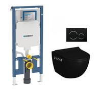 Pack WC Bati-support Geberit extra-plat UP720 + WC Vitra Sento sans bride noir mat + Abattant softclose + Plaque noire chrome