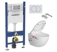 Pack WC Bati-support Geberit + WC sans bride SAT avec bidet thermostatique + Abattant softclose + Plaque Blanche (SATCleanGeb3)