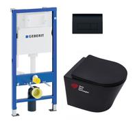 Pack WC Bati-support Geberit + WC sans bride Swiss Aqua Technologies + Abattant frein de chute + plaque Delta 50 noire mat