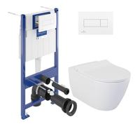 Pack WC Bâti-support Villeroy & Boch Viconnect + WC sans bride, fixations invisibles + Abattant frein de chute + Plaque Blanche