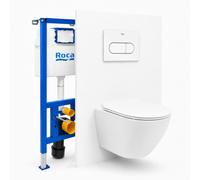 Pack WC complet bâti-support Roca, cuvette sans bride chasse tourbillonnante, abattant SoftClose, plaque blanche (ROCEWT04-FR)