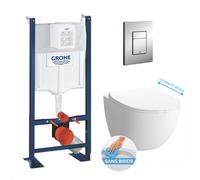 Pack WC Cuvette Compacte Sento RIM-EX (sans bride) + Rapid SL autoportant NF + plaque chrome (ProjectSentoRimlessCOMPACT-1)