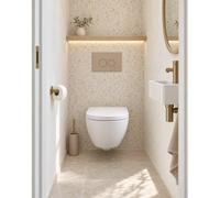 Pack WC QeramiQ Dely Swirl Compact - réservoir encastrable Geberit UP320 - avec bâti-support Burda - abattant 25 mm - plaque de commande en plastique taupe - boutons ronds - blanc brillant SW1471012/S