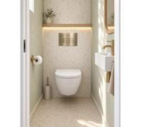 Pack WC QeramiQ Dely Swirl Compact - réservoir encastrable Geberit UP320 - avec bâti-support Burda - abattant 25 mm - plaque de commande en plastique laiton brossé (or) - boutons rectangulaires - blan